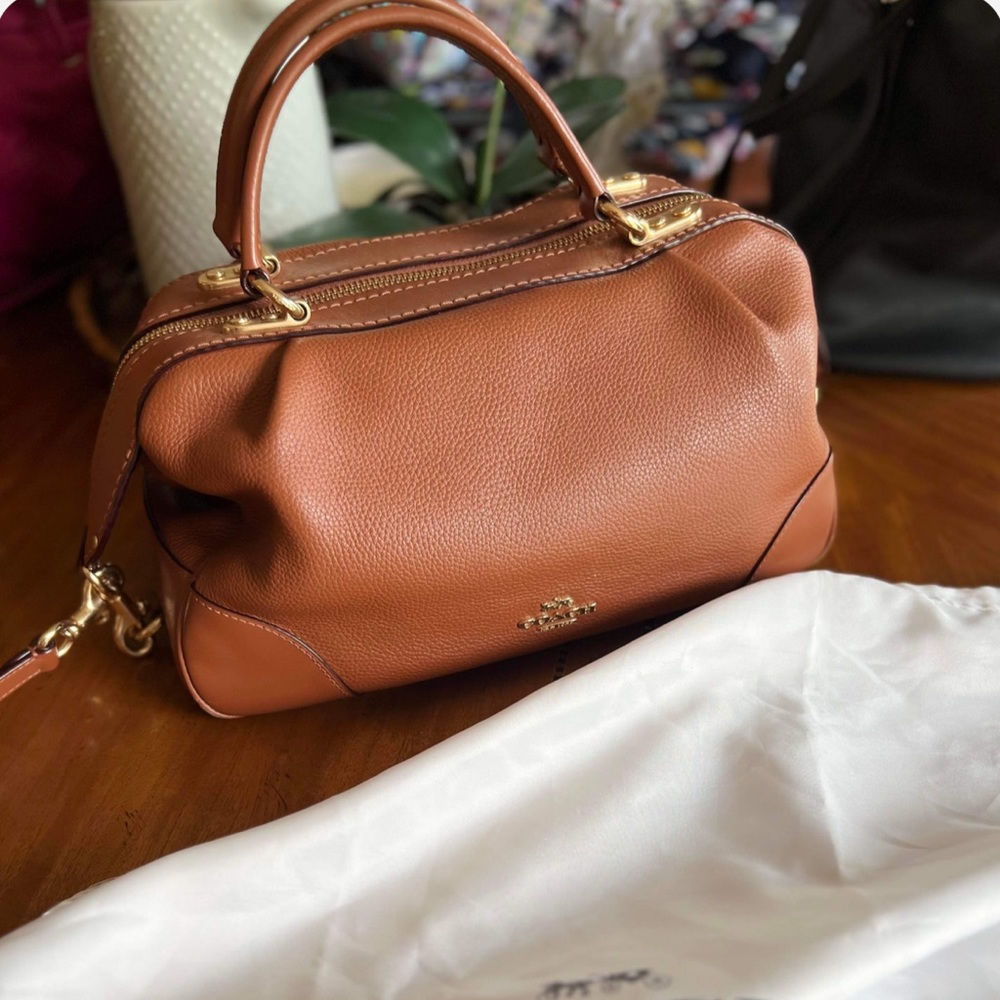 Coach Polished Pebble Leather Lane Satchel In Brown
